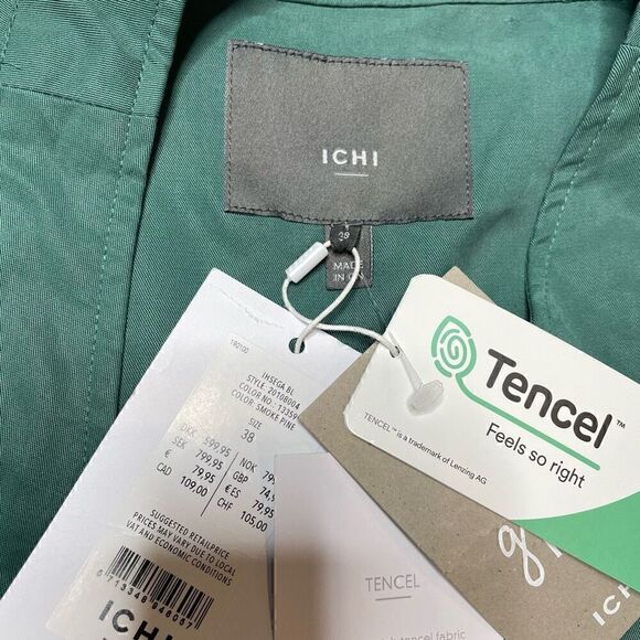 ICHI Green Blouson Snap Button Front Dress Long Sleeve Pockets Size 38 Medium - Picture 2 of 14